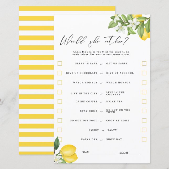 Main Squeeze Lemon Bridal Shower Games  (Front/Back)