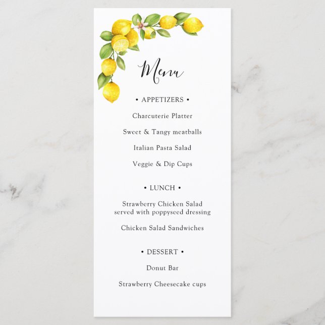 Main Squeeze Lemon Bridal Shower Menu (Front)