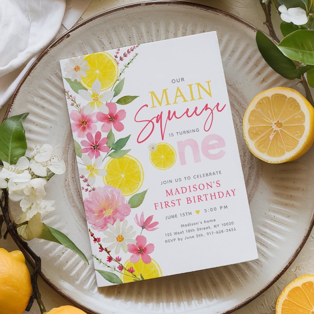Main Squeeze Lemon Floral First Birthday Invitation (Creator Uploaded)