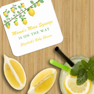Main Squeeze Lemon Gender Neutral Baby Shower Square Paper Coaster