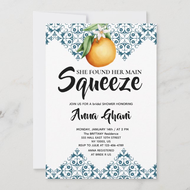 Main Squeeze Lemon Mediterranean Bridal Shower  Invitation (Front)