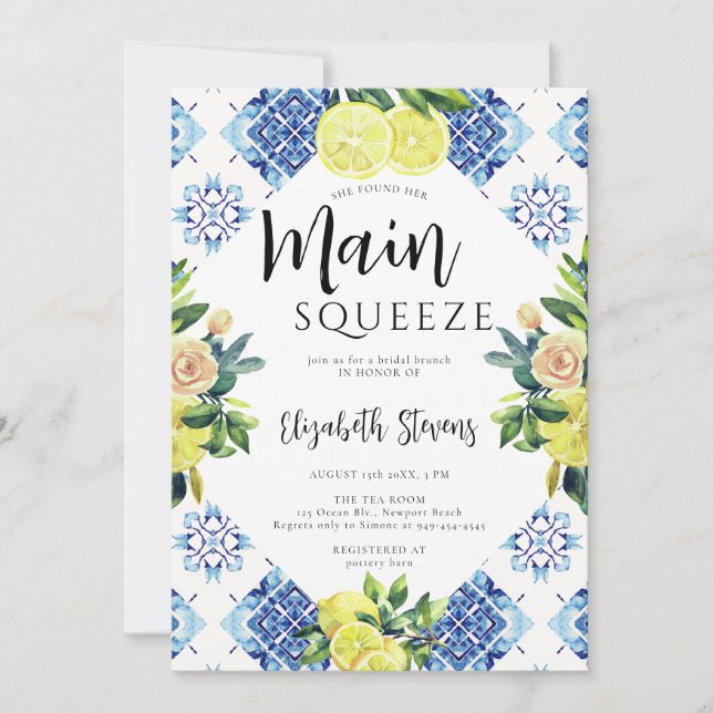 Main Squeeze Lemon Rose Bright Blue Bridal Shower Invitation (Front)