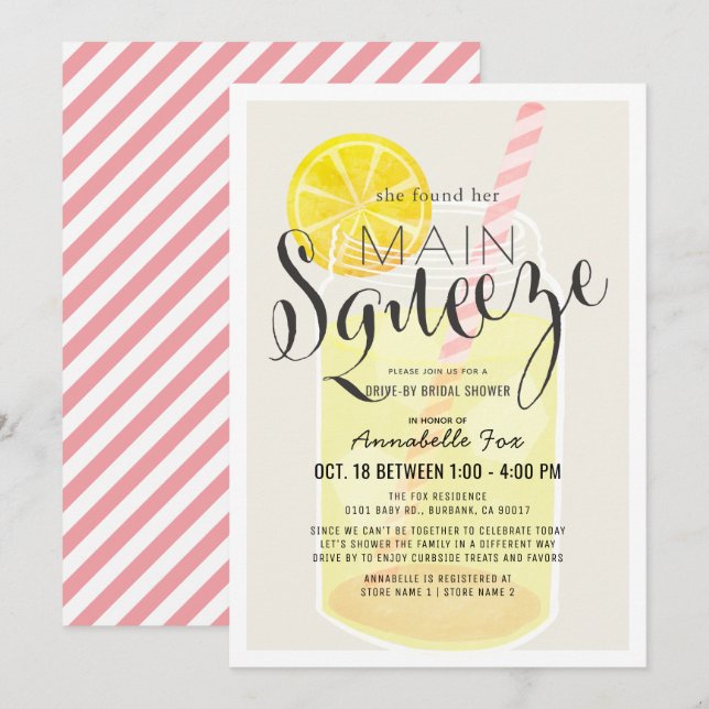 Main Squeeze Lemonade Jar Drive-by Bridal Shower Invitation (Front/Back)