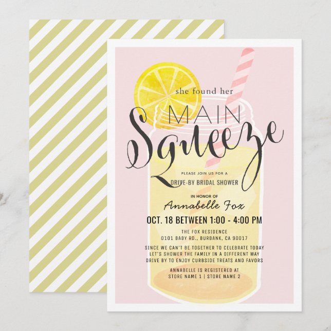 Main Squeeze Lemonade Pink Drive-by Bridal Shower Invitation (Front/Back)