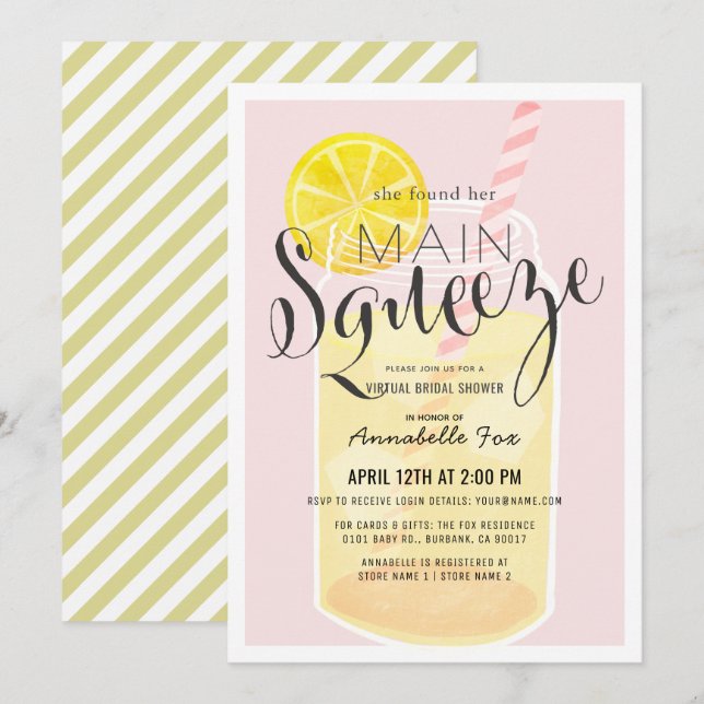 Main Squeeze Lemonade Pink Virtual Bridal Shower Invitation (Front/Back)