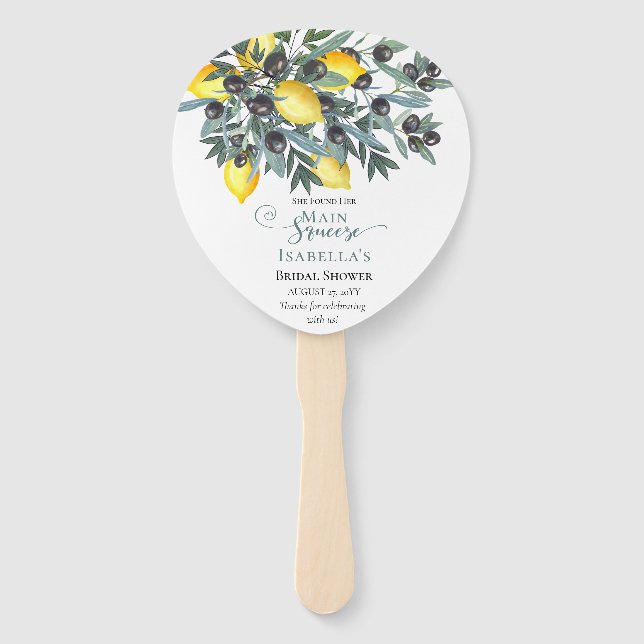 Main Squeeze Lemons | Black Olives Bridal Shower Hand Fan (Front)
