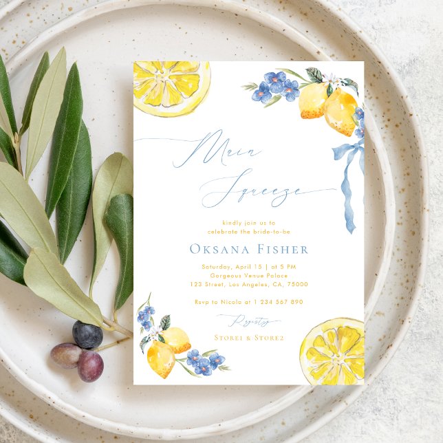 Main Squeeze Lemons Blue Italian Bridal Shower Invitation (Creator Uploaded)