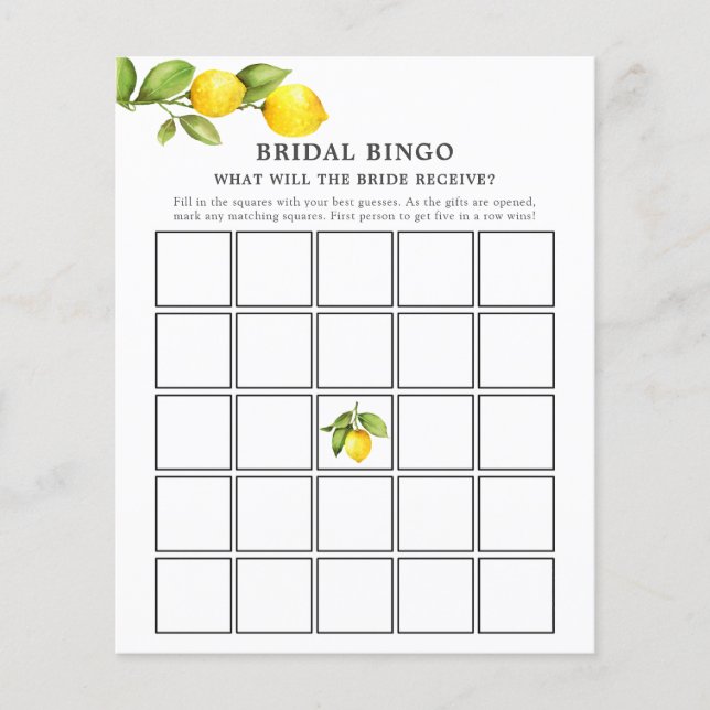 Main Squeeze Lemons Bridal Bingo Game Card (Front)