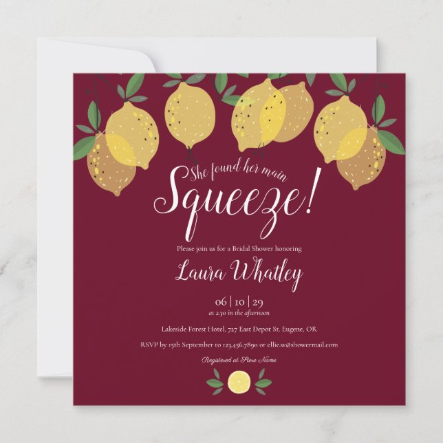Main Squeeze Lemons Burgundy Bridal Shower Invitation (Front)