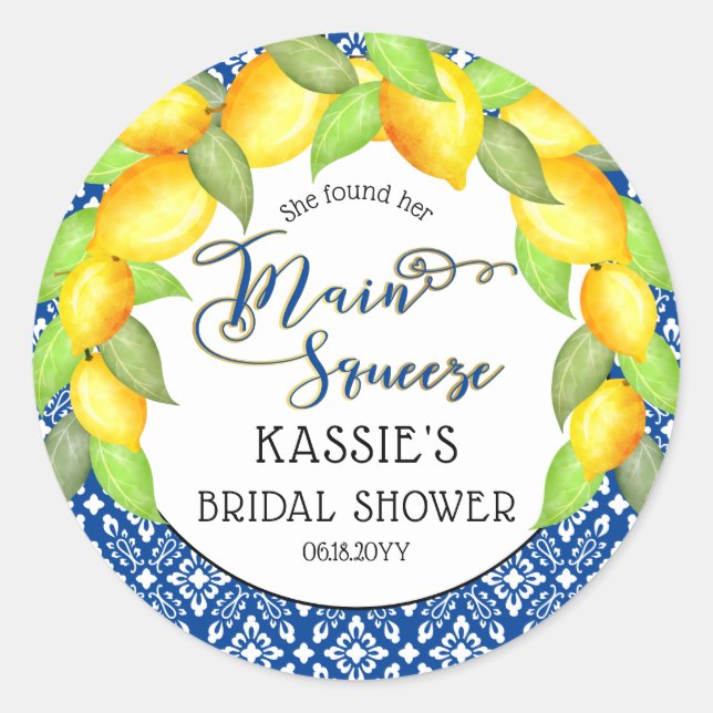 Main Squeeze Lemons Italian Bridal Shower Classic  Classic Round Sticker (Front)