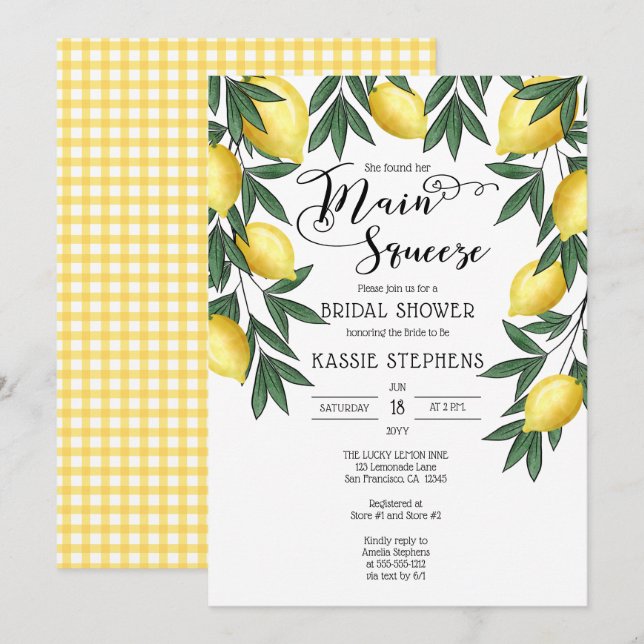 Main Squeeze Lemons Tropical Bridal Shower Invitat Invitation (Front/Back)