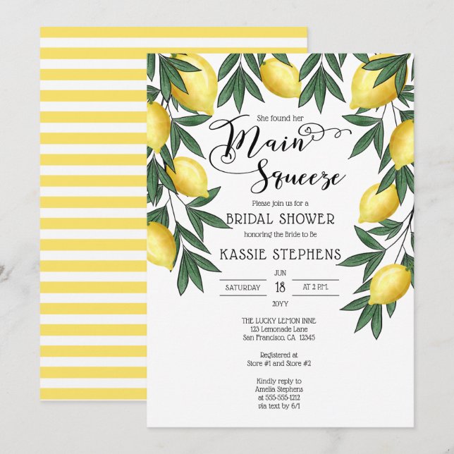 Main Squeeze Lemons Tropical Bridal Shower Invitation (Front/Back)