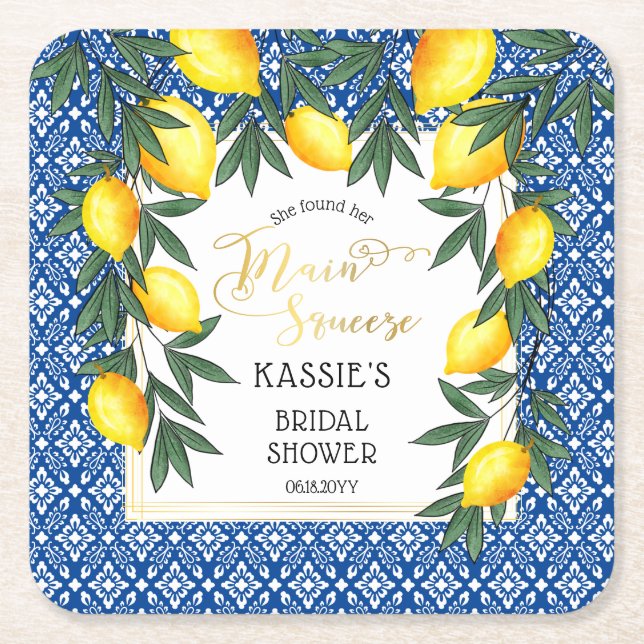 Main Squeeze Lemons Tropical Bridal Shower Square Paper Coaster (Front)