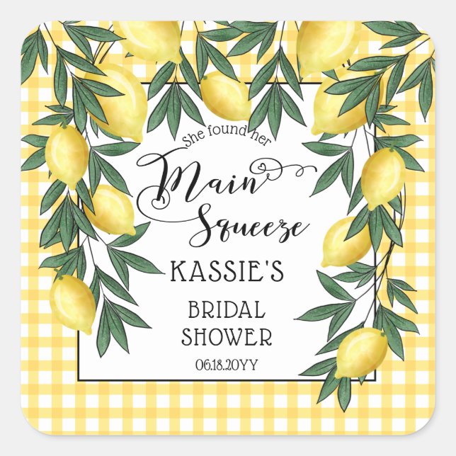 Main Squeeze Lemons Tropical Bridal Shower Square Sticker (Front)