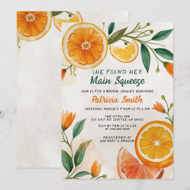 Main Squeeze Mediterranean Citrus Bridal Shower Invitation (Front/Back)
