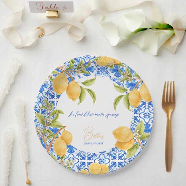 Main Squeeze Mediterranean Tiles Lemons Bridal Paper Plate (Wedding)