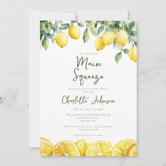 Main Squeeze Modern Watercolor Lemon Bridal Shower Invitation (Front)
