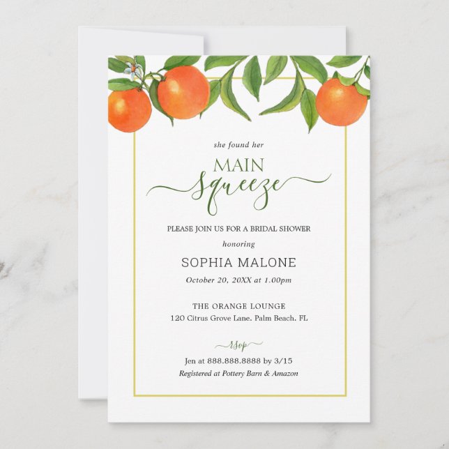 Main Squeeze Orange Bridal shower  Invitation (Front)