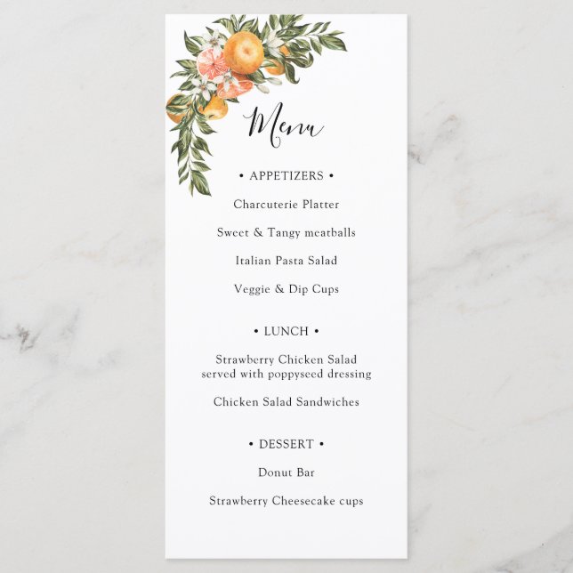 Main Squeeze Orange Bridal Shower Menu (Front)