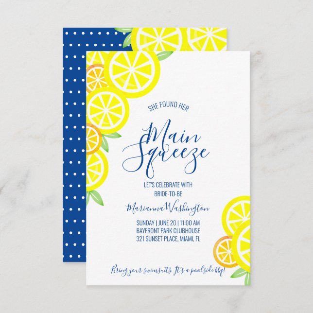 MAIN SQUEEZE summer lemon BRIDAL SHOWER blue Invitation (Front/Back)