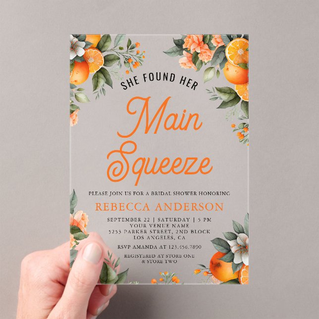 Main Squeeze Tangerine Orange Citrus Bridal Shower Acrylic Invitations (Insitu (Handheld))