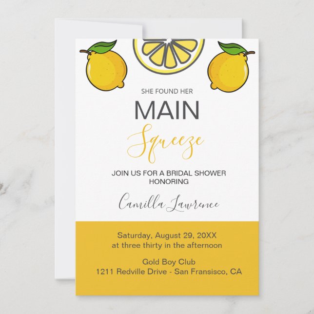 Main Squeeze Tropical Citrus Lemon Bridal Shower  Invitation (Front)