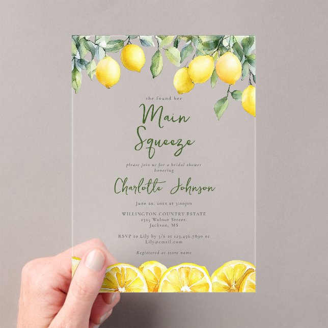 Main Squeeze Watercolor Elegant Bridal Shower Acrylic Invitations (Insitu (Handheld))