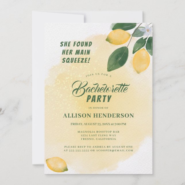 Main Squeeze Watercolor Lemons Bachelorette Party Invitation (Front)
