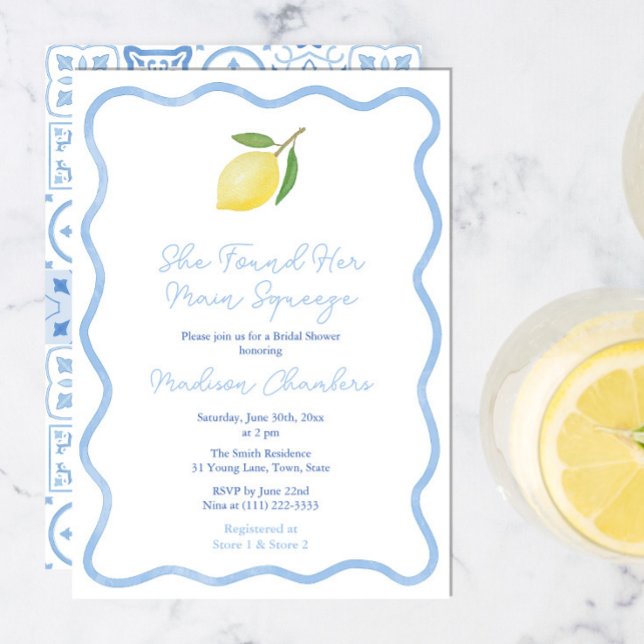 Main Squeeze Wavy Border Citrus Bridal Shower Invitation (Squiggle border Main Squeeze Bridal Shower invitation in blue and white with simple single lemon)