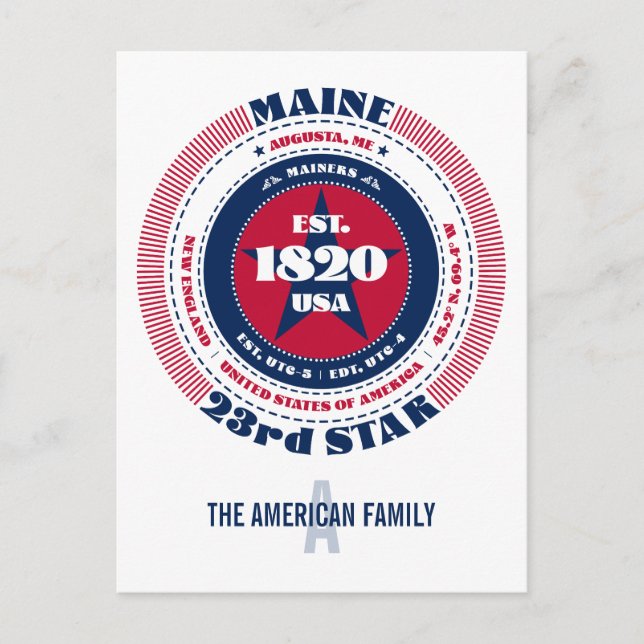 Maine, Augusta, ME, Patriotic, Monogram Postcard (Front)