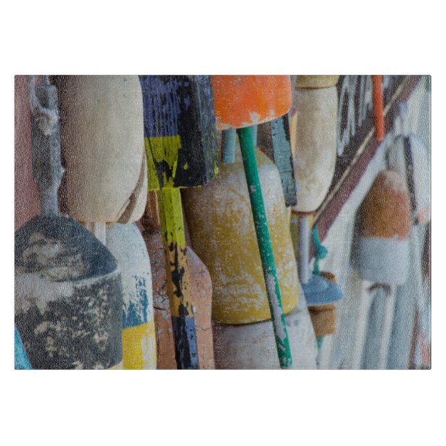 Maine, Bar Harbour. Colourful lobster trap buoys Cutting Board (Front)