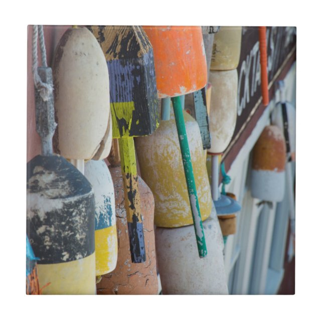 Maine, Bar Harbour. Colourful lobster trap buoys Tile (Front)
