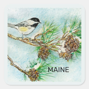 Maine bird and flower square sticker