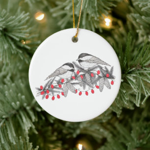 Maine Chickadee Bird Pen and Ink Christmas Holiday Ceramic Tree Decoration