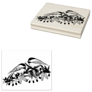 Maine Chickadee Birds Pine Branch Snow Christmas Rubber Stamp