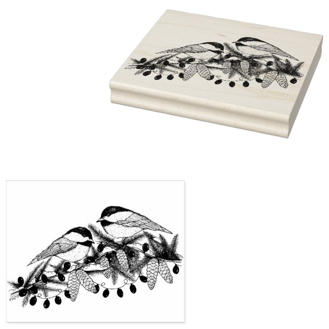 Maine Chickadee Birds Pine Branch Snow Christmas Rubber Stamp (Stamped)