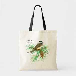 Maine Chickadee White Pine Cone Tassel Tote Bag