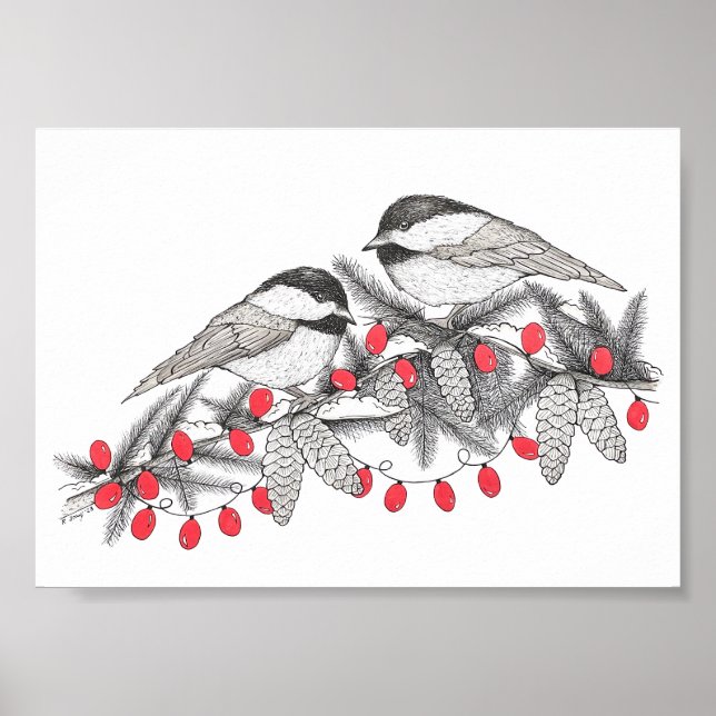 Maine Chickadees Pen and Ink Bird Art Illustration Poster (Front)