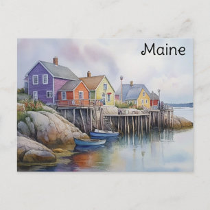 Maine Coast Colorful Houses Watercolor Travel Postcard