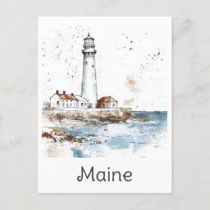Maine Coast Lighthouse Watercolor Travel Postcard