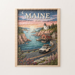Maine Coastal Road Trip Lighthouse Vintage Texture Jigsaw Puzzle