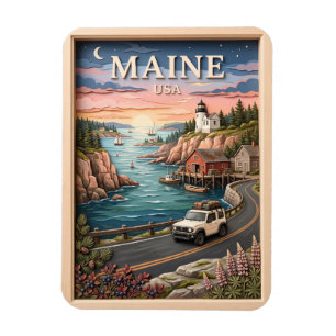 Maine Coastal Road Trip Lighthouse Vintage Texture Magnet