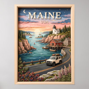 Maine Coastal Road Trip Lighthouse Vintage Texture Poster