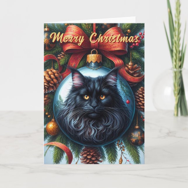  Maine Coon Black Cat Christmas Card (Front)