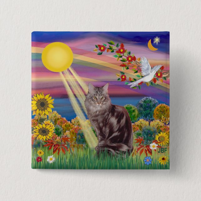 Maine Coon Cat 10 - Autumn Sun 15 Cm Square Badge (Front)
