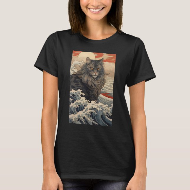 Maine Coon Cat Aesthetic Japanese Ukiyo e 2 T-Shirt (Front)