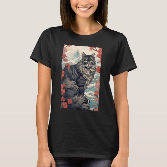 Maine Coon Cat Aesthetic Japanese Ukiyo e 5 T-Shirt (Front)