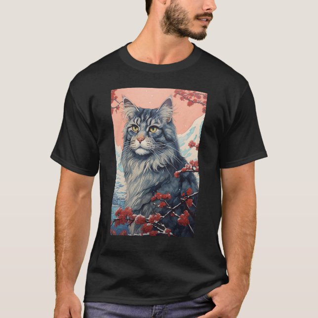 Maine Coon Cat Aesthetic Japanese Ukiyo e Art T-Shirt (Front)