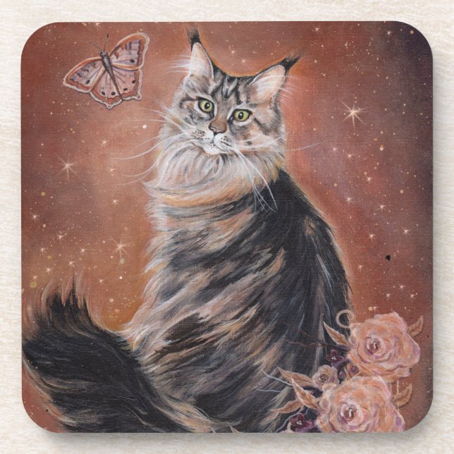 Maine coon cat art by Renee Lavoie   Coaster (Front)