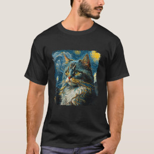 Maine coon Cat Art Van Gogh Inspired Starry Night  T-Shirt